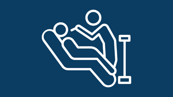 White outline icon of a hand gripping a rope or handle attached to a vertical post on a dark blue background; suggests manual handling or lifting.